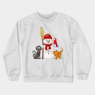 snowman with cat, dog and parrot Crewneck Sweatshirt